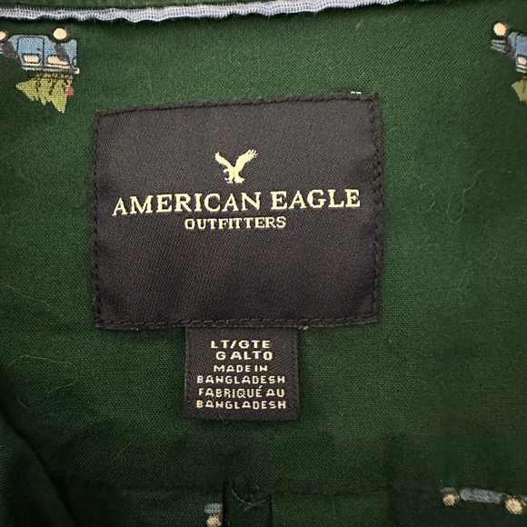 American Eagle Men’s Top Button Down Large Tall Green Car Christmas Long Sleeve - Picture 3 of 14